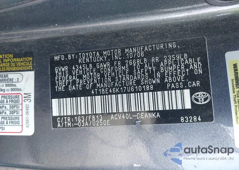 2007 Toyota Camry Le z USA, uszkodzony, nr VIN 4T1BE46K17U610188